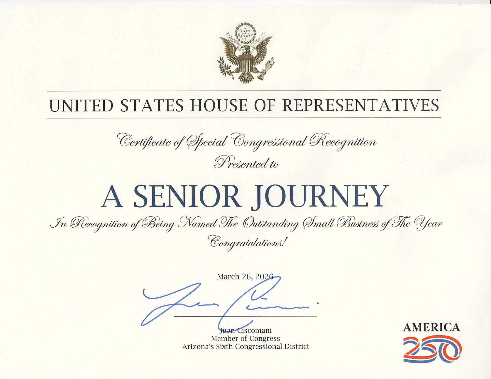 US House of Representatives Congressional Recognition certificate awarded to A Senior Journey